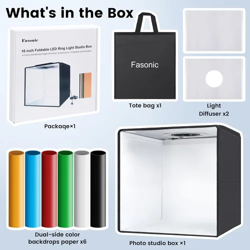 Vista 7 de Caja de Luz Portátil y Softbox, Carpa de Fotografía Profesional de 16"x16" con 120 Luces LED, Caja de Luz para Estudio Fotográfico con 6 Fondos