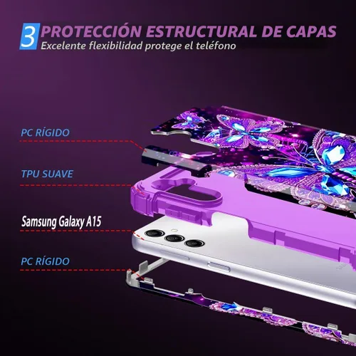 Vista 4 de Hekodonk Funda para Galaxy A15 5G, tres capas de alta resistencia a prueba de golpes, plástico duro+silicona suave, funda protectora de cuerpo Todo