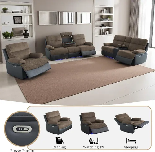 Vista 22 de Juego de sofá reclinable eléctrico, seccional de cuero transpirable beige, juego de muebles de sala de estar, 2 piezas, sofá reclinable eléctrico