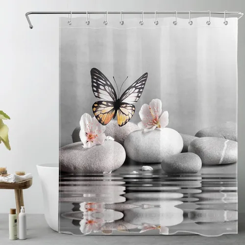 Vista 17 de LB Cortina de ducha asiática de piedra zen, cortina de ducha japonesa para baño, cortinas de baño de tela negra de 48 x 72 pulgadas con ganchos