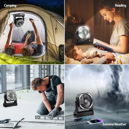 Vista 8 de Ventilador de camping de 20000 mAh, recargable, funciona con batería con gancho giratorio de 360°, luz de 400 lúmenes, pivote de 270°, 4