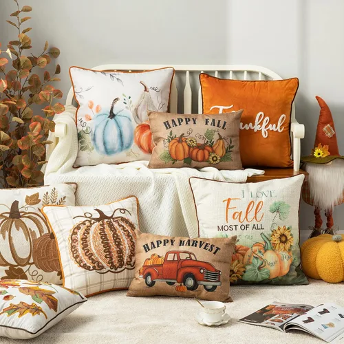Vista 7 de Glitzhome Funda de almohada decorativa cuadrada de 18 x 18 pulgadas, funda de almohada rústica para sofá, cama, ideal para la cosecha de otoño