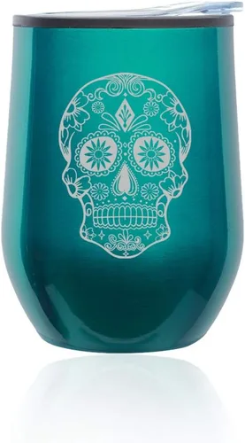Vista 6 de Vaso de vino sin tallo, taza de viaje de café con tapa, calavera de caramelo de azúcar (oro rosa)