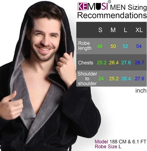 Vista 2 de KEMUSI Bata de baño con capucha para hombre, suave y de longitud completa, cómodo camisón cálido de longitud completa