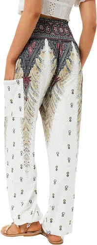 Vista 2 de QIANXIZHAN - Pantalones deportivos de tiro alto para mujer, diseño estilo harén bohemio con bolsillos, para yoga