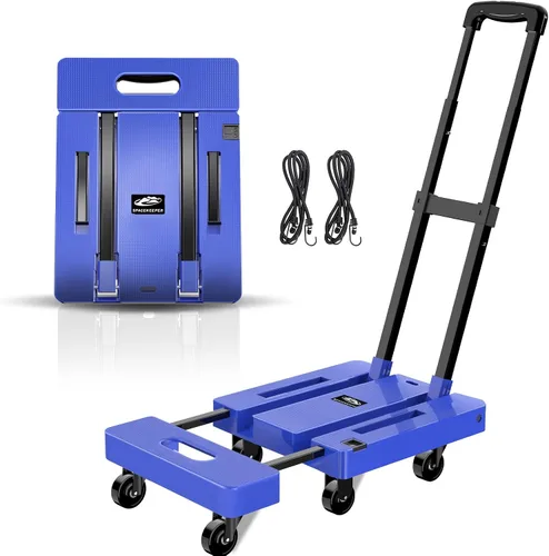 Vista 9 de SPACEKEEPER - Carro de mano plegable, carrito resistente de equipaje de 500 libras, carrito de plataforma utilitaria con 6 ruedas y 2 cuerdas