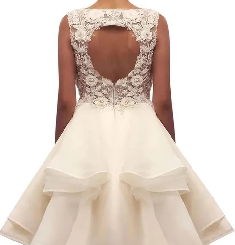 Vista 2 de Vestido corto de tul con apliques de encaje para adolescentes, cuello en V, vestido de cóctel acampanado