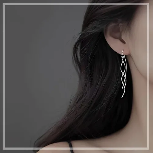 Vista 3 de Aretes de plata de ley 925, aretes largos de moda hechos a mano, trenzados, lineales, curvados, aretes colgantes hipoalergénicos para mujeres