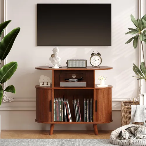Vista 3 de GarveeHome Soporte redondo grande para tocadiscos con estación de carga y puertos USB, soporte para tocadiscos de vinilo rústico, gabinete