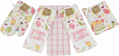 Vista 18 de Serafina Home Easter Kitchen Towel Set with Pot Holders, Spring Colored Eggs Design, 100% Cotton, White Orange Green, 5 Piece Set