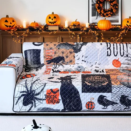 Vista 28 de Cmfshape Funda de sofá antideslizante para Halloween, funda de sofá con correas elásticas, funda antideslizante de fácil ajuste, protector de Negro