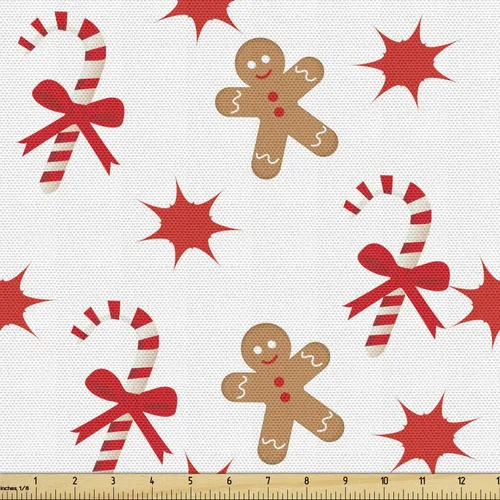 Vista 64 de Ambesonne Tela Navideña por Yarda, Tema Navideño Colorido Vivo Piñas de Pino Ramas Hombre de Jengibre Imagen de Bayas Estampada, Tela de Punto