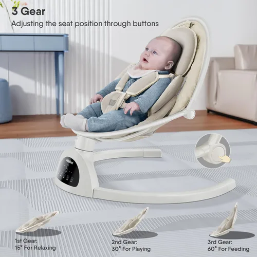 Vista 4 de Columpio para bebés BabyBond para bebés, columpio Bluetooth con altavoz de música, 3 posiciones de asiento, cinturón de arnés de 5 puntos, 5
