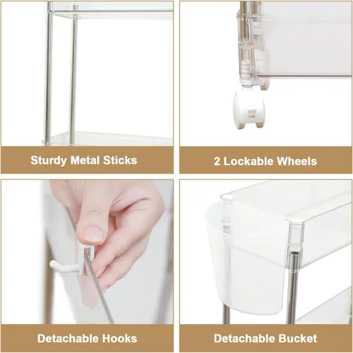 Vista 5 de VECELO Carrito rodante de acrílico de 3 niveles, carrito utilitario para almacenamiento de cocina, estantes móviles organizadores deslizables con 2