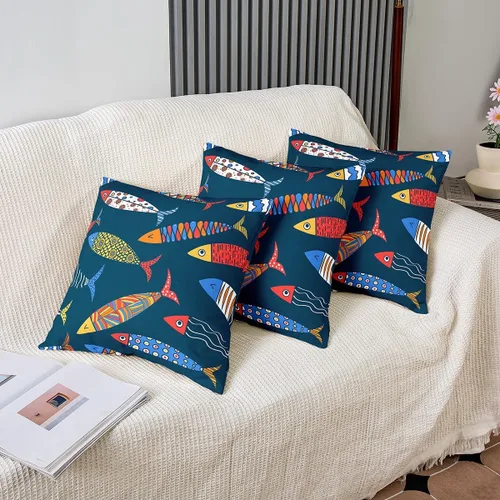 Vista 3 de Juego de 2 fundas de almohada de animales marinos de 16 x 16 pulgadas, fundas de almohada decorativas de peces aztecas arco iris, fundas de almohada