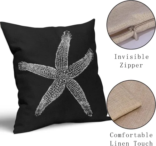 Vista 4 de Sweetshow Juego de 2 fundas de almohada cuadradas de lino con estrellas de mar negras de 16 x 16 pulgadas, decoración náutica costera de playa