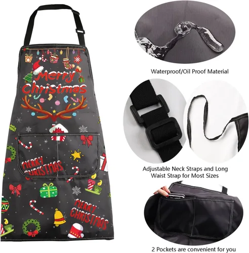 Vista 5 de Delantales de Navidad para mujeres y hombres, delantal de cocina de Navidad con bolsillos, regalos de Feliz Navidad, delantal de chef para hornear