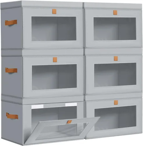 Vista 23 de DIMJ Contenedores de Almacenamiento con Tapas - Paquete de 4 Organizadores Grandes de Tela para Armario con Ventana y Asas, Cajas de Almacenamiento