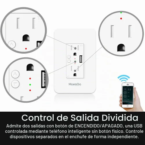 Vista 5 de MoesGo Toma de corriente inteligente de pared con USB, enchufe WiFi con 2 tomas de corriente, control dividido de 15 amperios, control remoto Smart