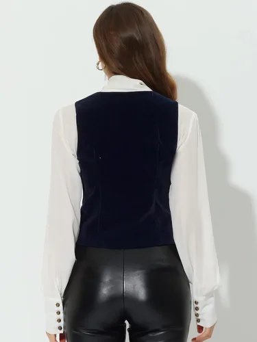 Vista 4 de Allegra K Chaleco Steampunk de terciopelo sin mangas con botones y cuello en V para mujer