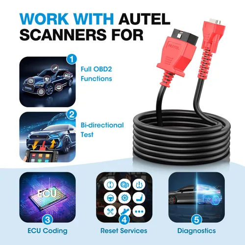 Vista 7 de Cable de prueba principal OBD2 Autel, original de 5.6 pies/1.7 metros, conector de prueba de diagnóstico OBDII de 16 pines DB15 compatible con serie