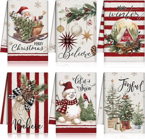 Vista 15 de FuWeave Toallas de Cocina Navideñas Beige Paños de Cocina con Árbol Navideño Toallas de Mano Decorativas Hello Winter Absorbentes Pelota de Guantes