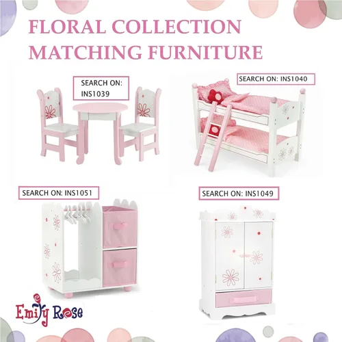 Vista 7 de Juego de tocador de muñeca de 18 pulgadas con cajón de espejo y taburete de almacenamiento, muebles de muñeca de madera para muñecas americanas