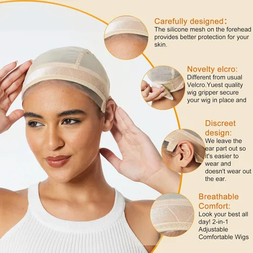 Vista 2 de Gorra de silicona de encaje para mujer, banda de agarre ajustable, gorra sin pegamento para encaje y pelucas de una sola parte superior (beige, L)