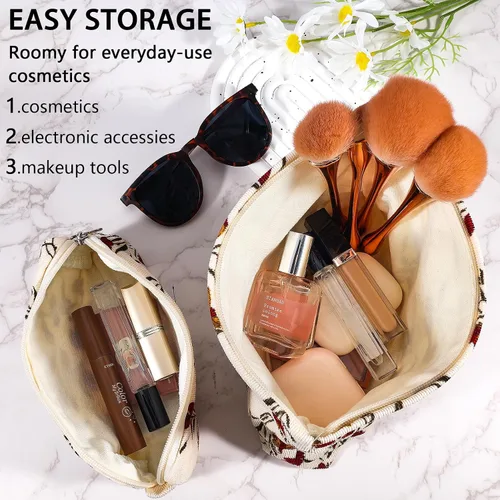 Vista 2 de Juego de 2 bolsas de maquillaje de flores con diseño floral para viajes para mujeres y niñas, bolsa de maquillaje grande con cremallera pequeña
