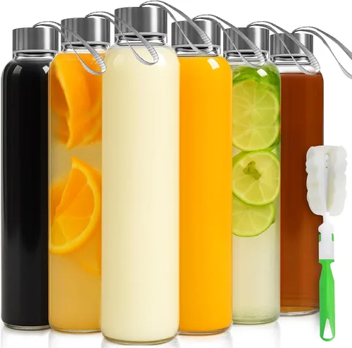 Vista 10 de Epica Botellas de vidrio transparente con tapas, botellas de agua de 17.5 onzas, paquete de 6 Travel-Friendly Juice bottles, Mix, Serve, and Store