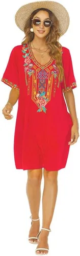 Vista 5 de AK Vestido campesino mexicano bohemio de verano para mujer, manga corta, floral, bordado, suelto, hippie, túnica bohemia