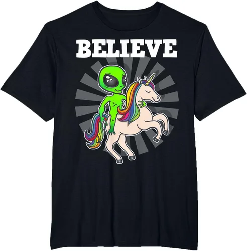 Vista 47 de Believe Space Alien Riding Unicorn - Camiseta de regalo divertida, Negro, S