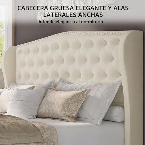 Vista 3 de BRELTAM Marco de cama tapizado tamaño Queen en terciopelo color beige con cabecera y pie de cama acolchados con botones profundos y soporte