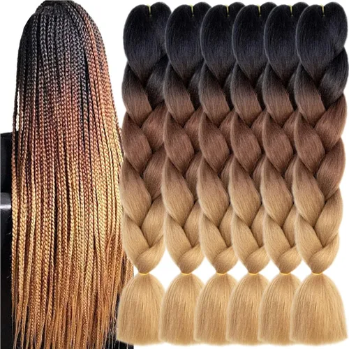 Vista 13 de 3 paquetes de extensiones de cabello sintético para trenzar de color negro a azul, tamaño jumbo ombré, de 24 pulgadas o trenzas de ganchillo