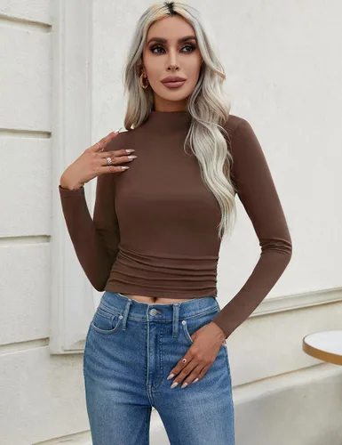 Vista 2 de IECCP Blusa sin mangas sexy con cuello alto falso para mujer, blusa de uso diario fruncido lateral para uso diario, trajes de verano a la moda
