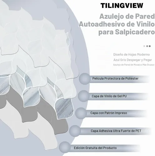 Vista 5 de Tilingview 10 piezas de azulejos de vinilo con diseño de hojas para despegar y pegar para salpicadero de cocina, azulejos autoadhesivos premium