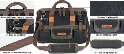 Vista 7 de WELKINLAND Bolsa de herramientas de lona encerada con 32 bolsillos, bolsa de herramientas resistente para electricistas, bolsas de herramientas