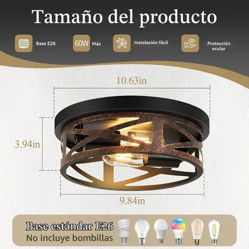 Vista 2 de SKEJAO Lámpara de techo de montaje empotrado, lámpara de techo vintage de metal negro de 2 luces, accesorios de iluminación retro rústicos