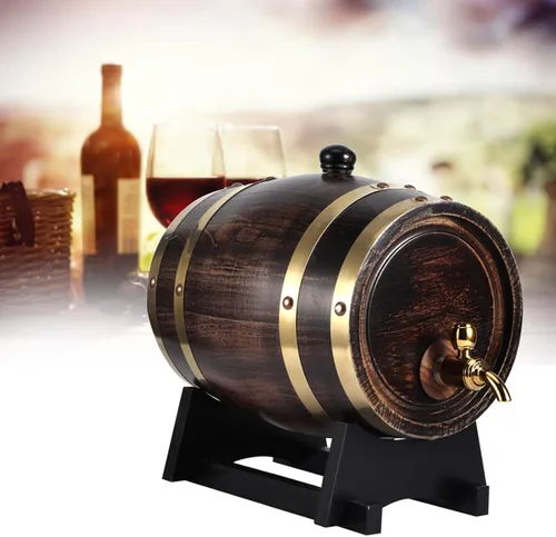 Vista 3 de Barril de whisky de madera, barril de envejecimiento de roble de 3 litros con 4 soportes y grifo, barril de vino tinto para cerveza casera