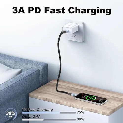 Vista 4 de Cable USB C de 6 pulgadas de carga rápida de 60 W, paquete de 2 cables cortos USB-A a USB-C, cable trenzado USB a USBC de Apple de 0.5 pies, cable