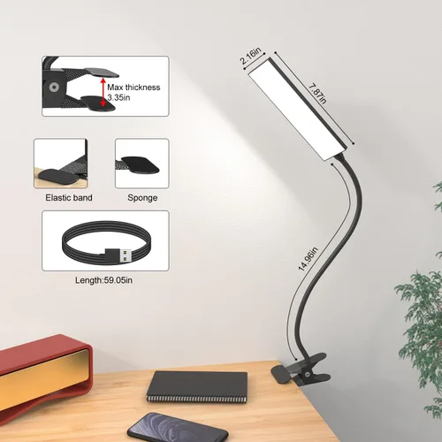 Vista 5 de Lámpara de escritorio LED, clip USB de 5 W, lámpara de mesa con abrazadera de lectura para cuidado de los ojos con 48 luces LED, cuello flexible, 3