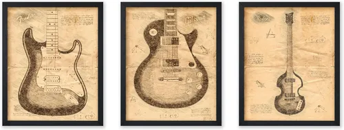 Vista 30 de Poster Master Póster de música vintage de 3 piezas, impresión de instrumentos retro, regalo para músico, amigo, guitarra eléctrica, patrón, patente