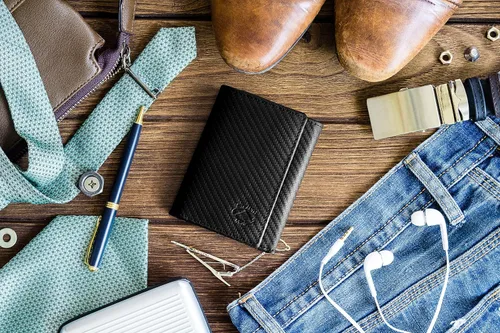 Vista 4 de Stealth Mode Billetera triple Cartera con bloqueo RFID con soporte para identificación Funda de cuero para dinero, tarjetas de crédito