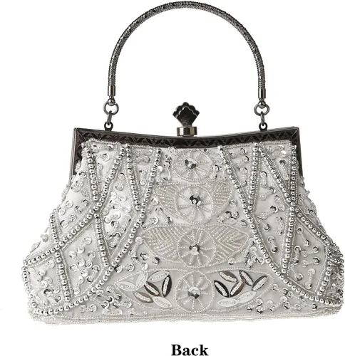 Vista 2 de Bolso de mano de estilo vintage con cuentas florales y strass para mujer, con bordado de lentejuelas, bandolera para novia, boda, fiesta
