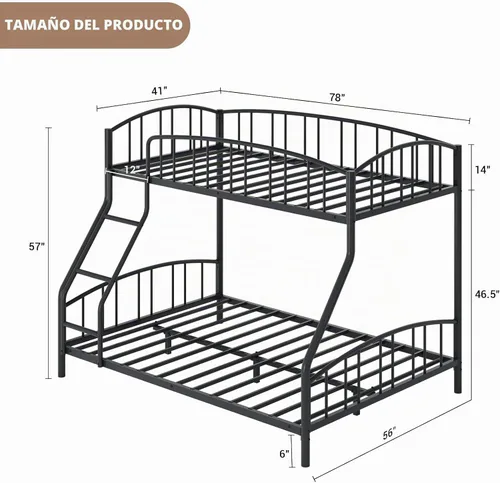 Vista 2 de Garvee - Litera individual sobre matrimonial con escalera y barandilla para niños y adultos Heavy Duty Metal Bunk Bed Frame, Sturdy Steel Slats