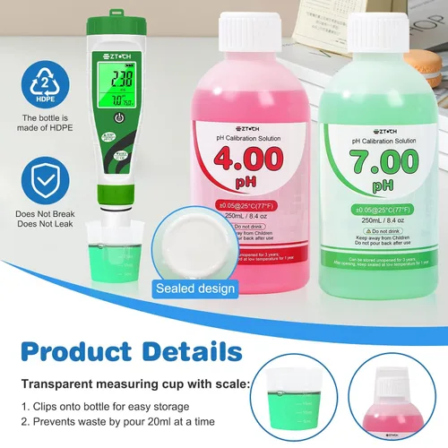 Vista 5 de Medidor de pH EC TDS para nutrientes hidropónicos de agua con solución de calibración de pH 4.00 de 8.4 oz y solución de calibración pH 7.00 de 8.4
