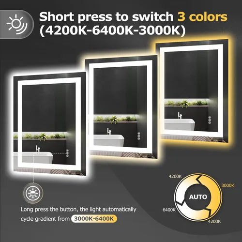 Vista 6 de Hivone - Espejo de baño LED de 24x30 pulgadas con luces, función antivaho, regulable, retroiluminado + iluminación frontal, espejo de tocador