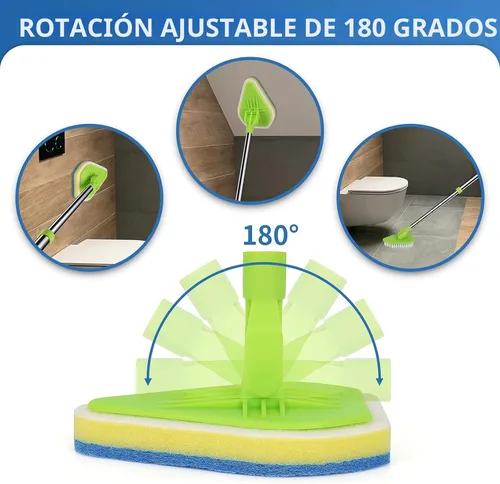 Vista 3 de Cepillo de Limpieza de Fregado 2 en 1 con mango extensible de 37 pulgadas de largo, 1 cerdas rígidas y 3 cepillos de esponja, limpiador de ducha