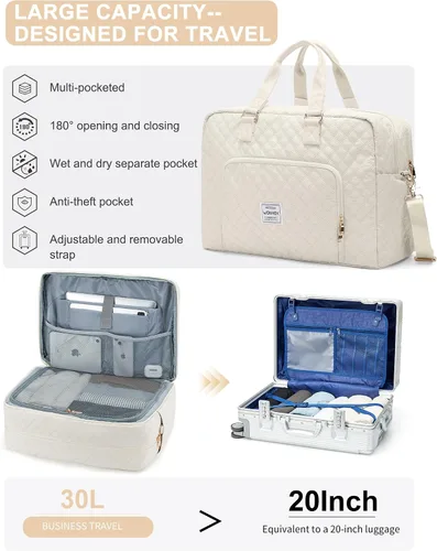 Vista 3 de Bolsa de lona de viaje, bolsa de fin de semana para mujer, R5-Beige, Bolsa de viaje