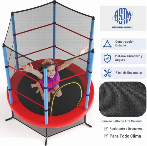 Vista 5 de Giantex - Trampolín infantil de 55”, con red de seguridad y almohadilla de resorte, marco de acero resistente con cremallera integrada Azul /Rojo